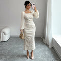 european and american new arrival: off-white embossed lace square neck maxi dress with rhinestone-embellished lantern sleeves, slim fit bodycon midi dress