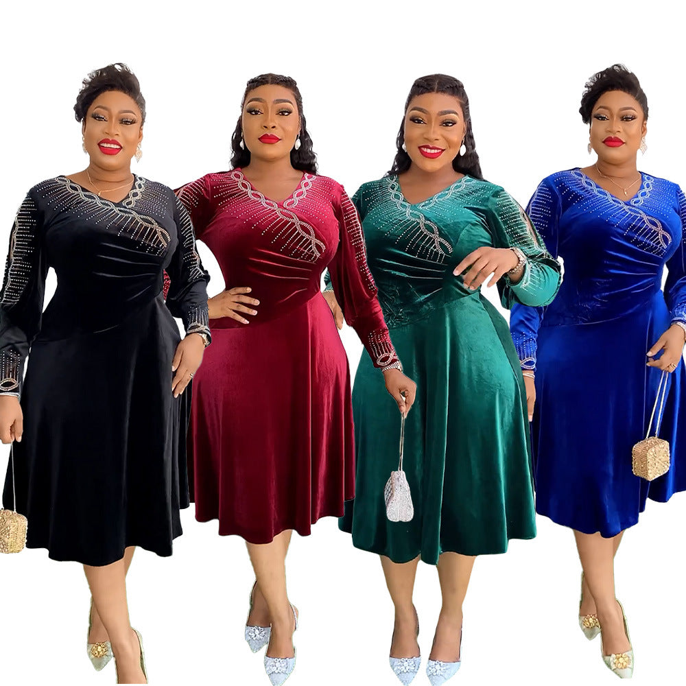 Aliexpress african plus size  autumn/winter new european and american cross-border elegant evening gown rhinestone velvet dress