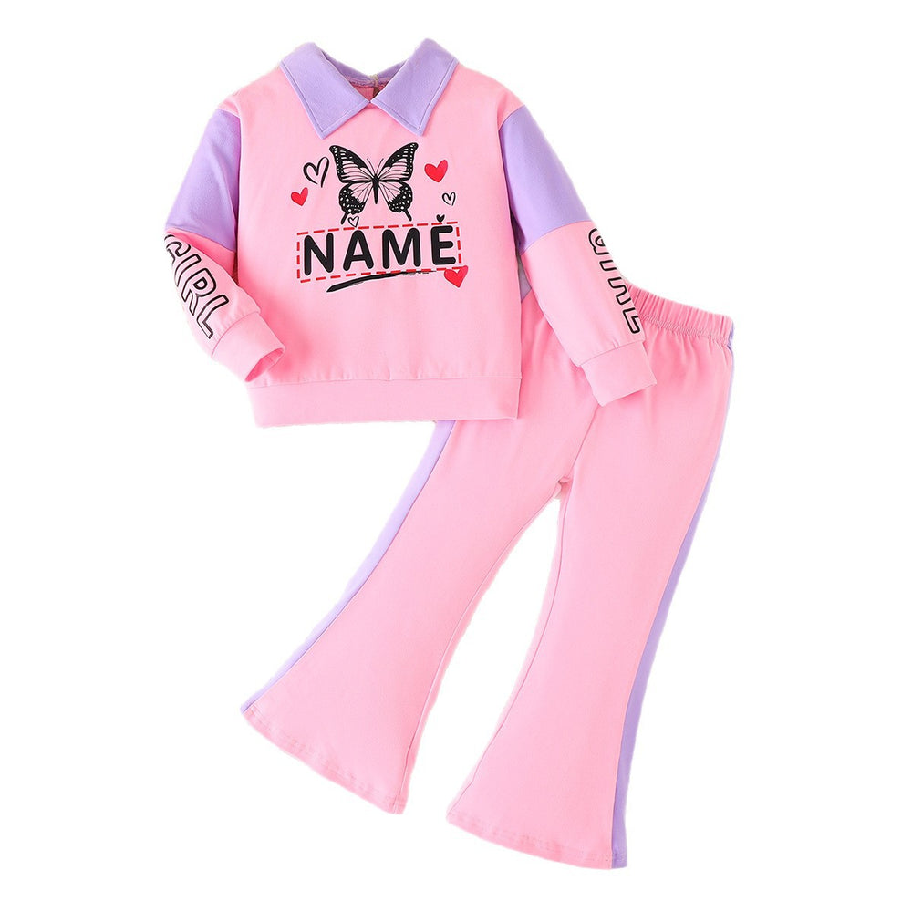 girls' autumn outfit: purple-pink turn-down collar sweatshirt with butterfly and letter print, flared pants, kids' two-piece set