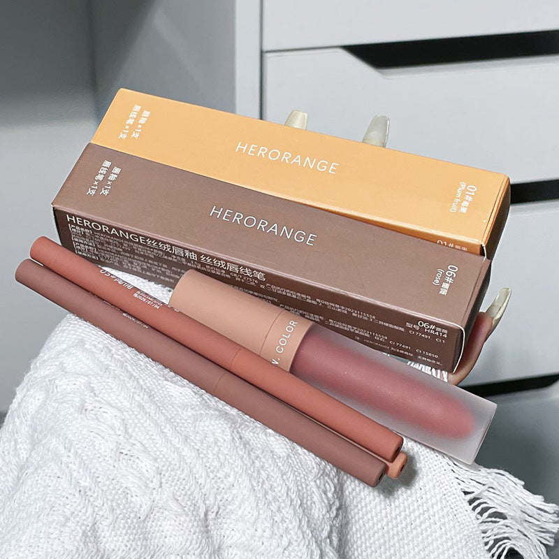 HERORANGE~ A box of two velvet matte lip glaze lip liner sets is not easy to smudge daily white lipstick
