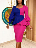 Fashionsense patchworkcontrast colordress waist elegant work clothing puff sleeve work clothing hip skirt dress
