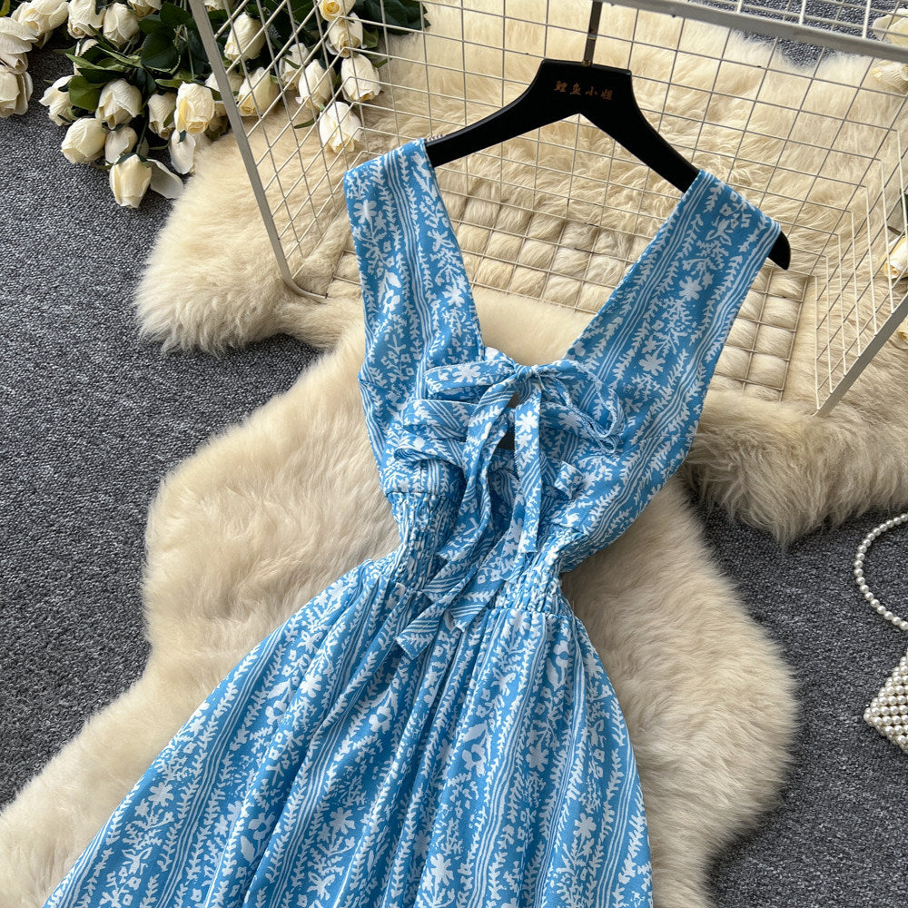 Frenchniche style blue printing suspender dress female summerk-style stereo flower large swingelegant princess dress fairy spirit