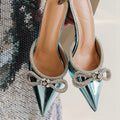 Spring/summer new arrivals: metallic rhinestone high heel slippers, stiletto heel, bow accent, pointed toe high heel sandals, closed-toe, cross-border european and american style
