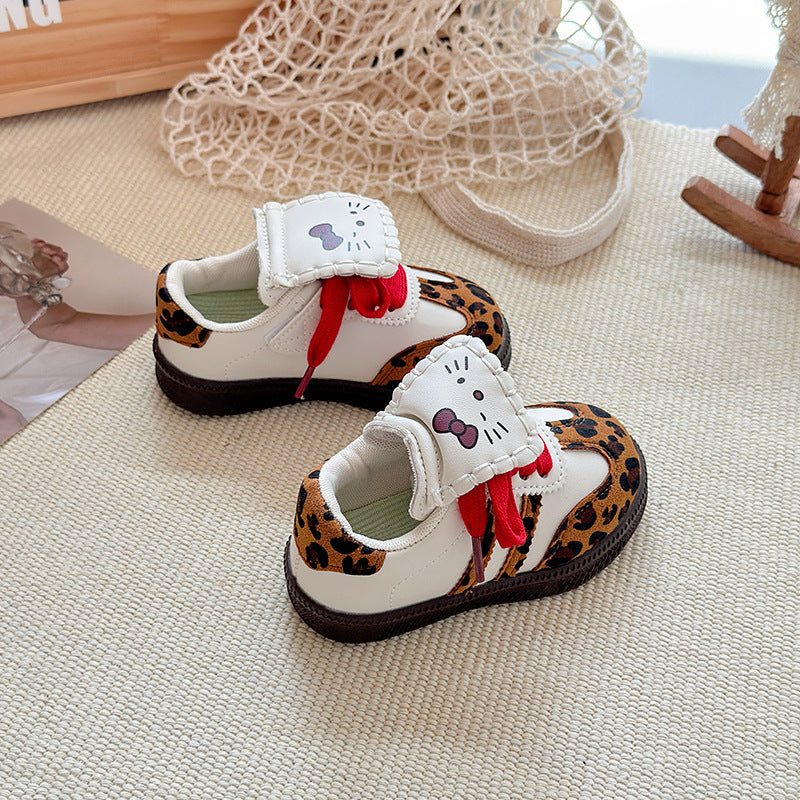 Kitty flip-top German training shoes 2025 spring and autumn new Korean version of girls' leopard print Forrest Gump shoes soft-soled sports shoes
