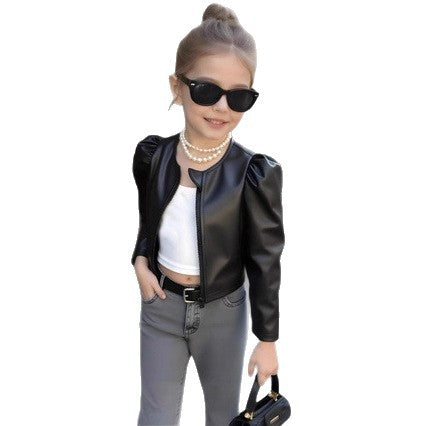 Girls' black cropped pu leather jacket - round neck, long sleeve, new autumn/winter style with puff sleeves
