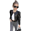 Girls' black cropped pu leather jacket - round neck, long sleeve, new autumn/winter style with puff sleeves