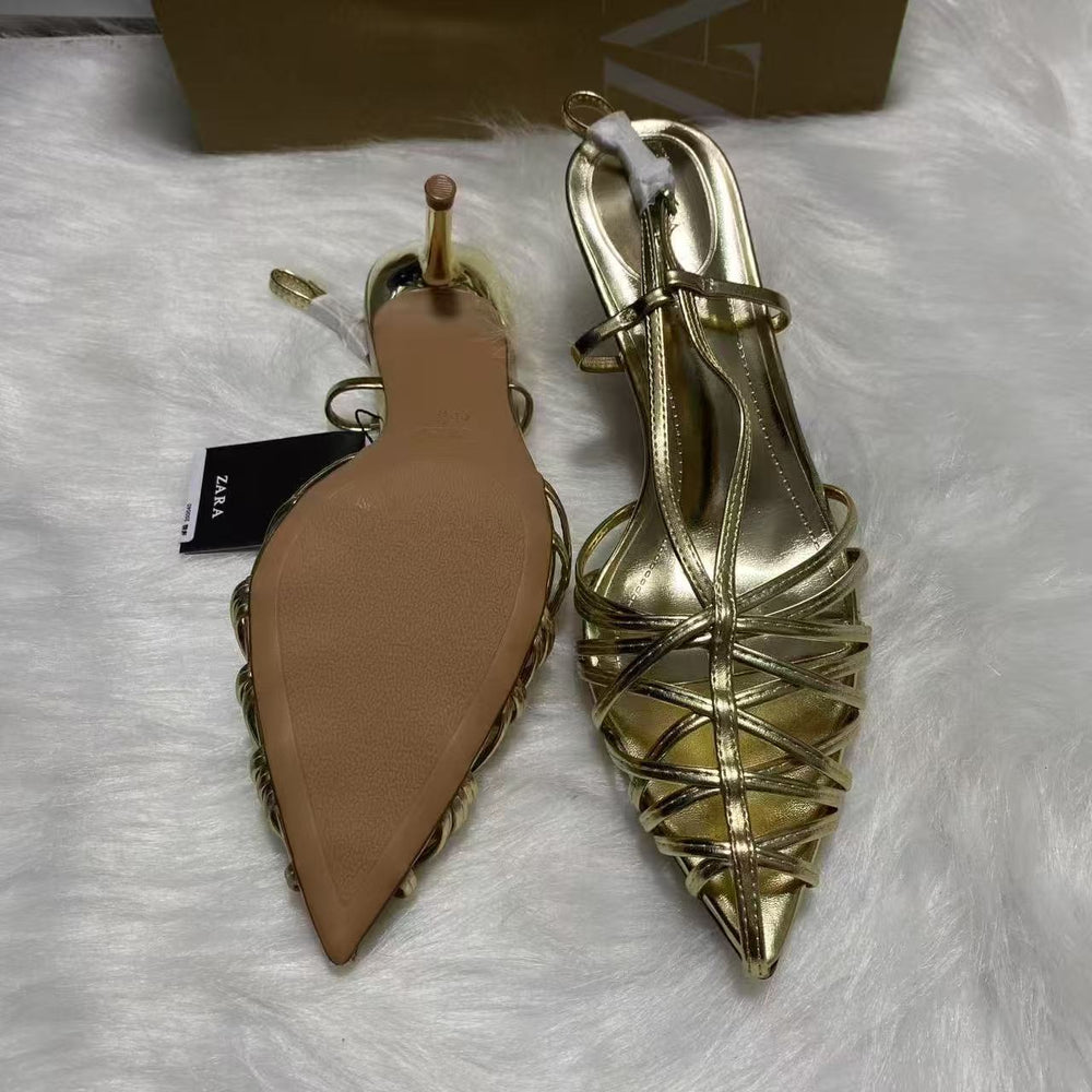 Za's 2025 summer new collection: trendy runway-ready electroplated stiletto heels with minimalist open-toe design and buckle strap detail