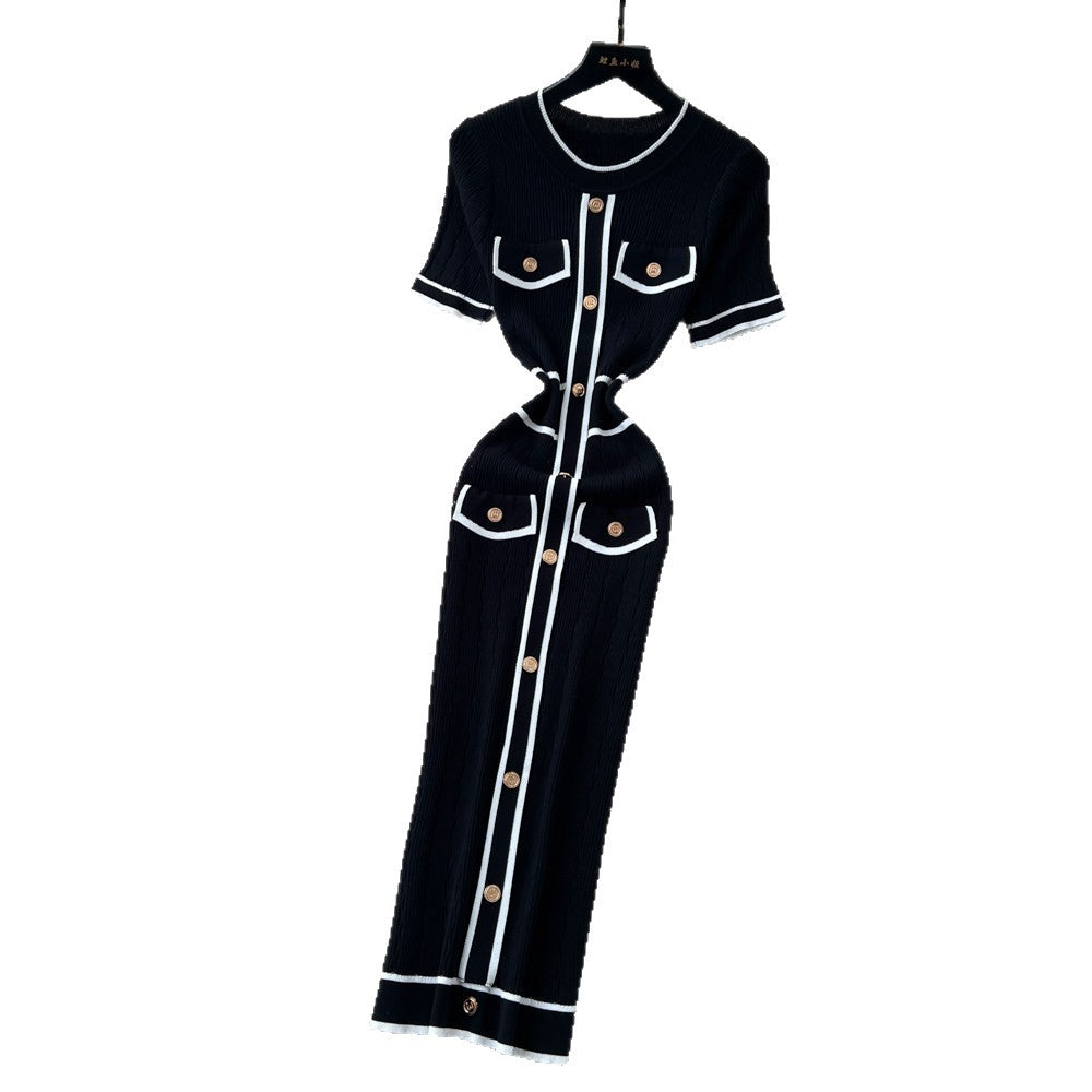 Accessible luxury tweed styleknitting gentle dress women's summer metal buckle silmslimming looka-line eleganceelegant long skirt