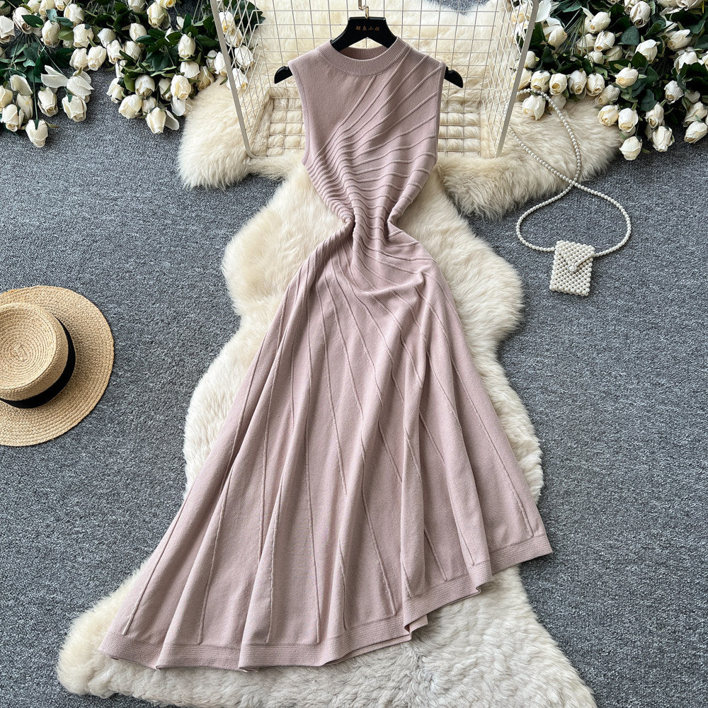 French chic sleeveless knit irregular hem dress - women's summer retro a-line dress - slimming, elegant, and versatile workwear maxi dress
