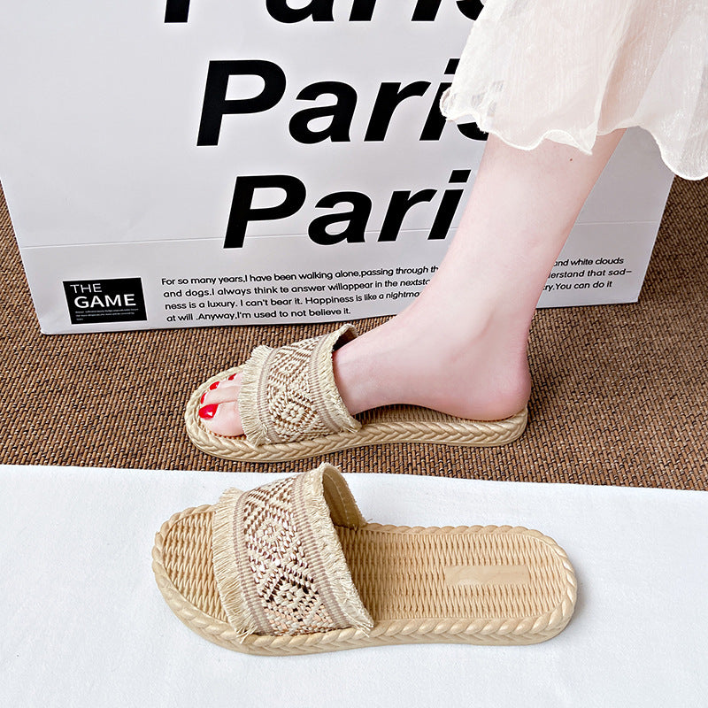 Ethnic style woven one-line sandals for women summernew arrivaleasiest for matchoutwear holiday style soft bottom beach sandals for women