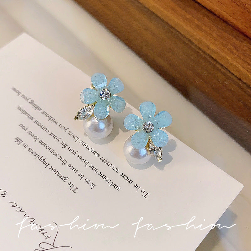 S925 sterling silver needle iced blue floral pearl stud earrings - elegant, chic, and trendy earrings for women
