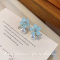 S925 sterling silver needle iced blue floral pearl stud earrings - elegant, chic, and trendy earrings for women