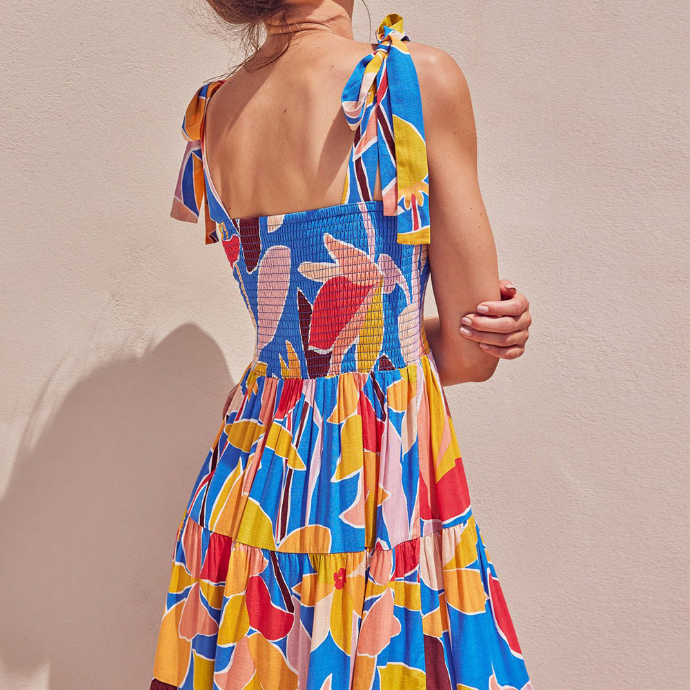european and american cross-border bohemian style vacation backless printed women's summer french ruched slimming dress