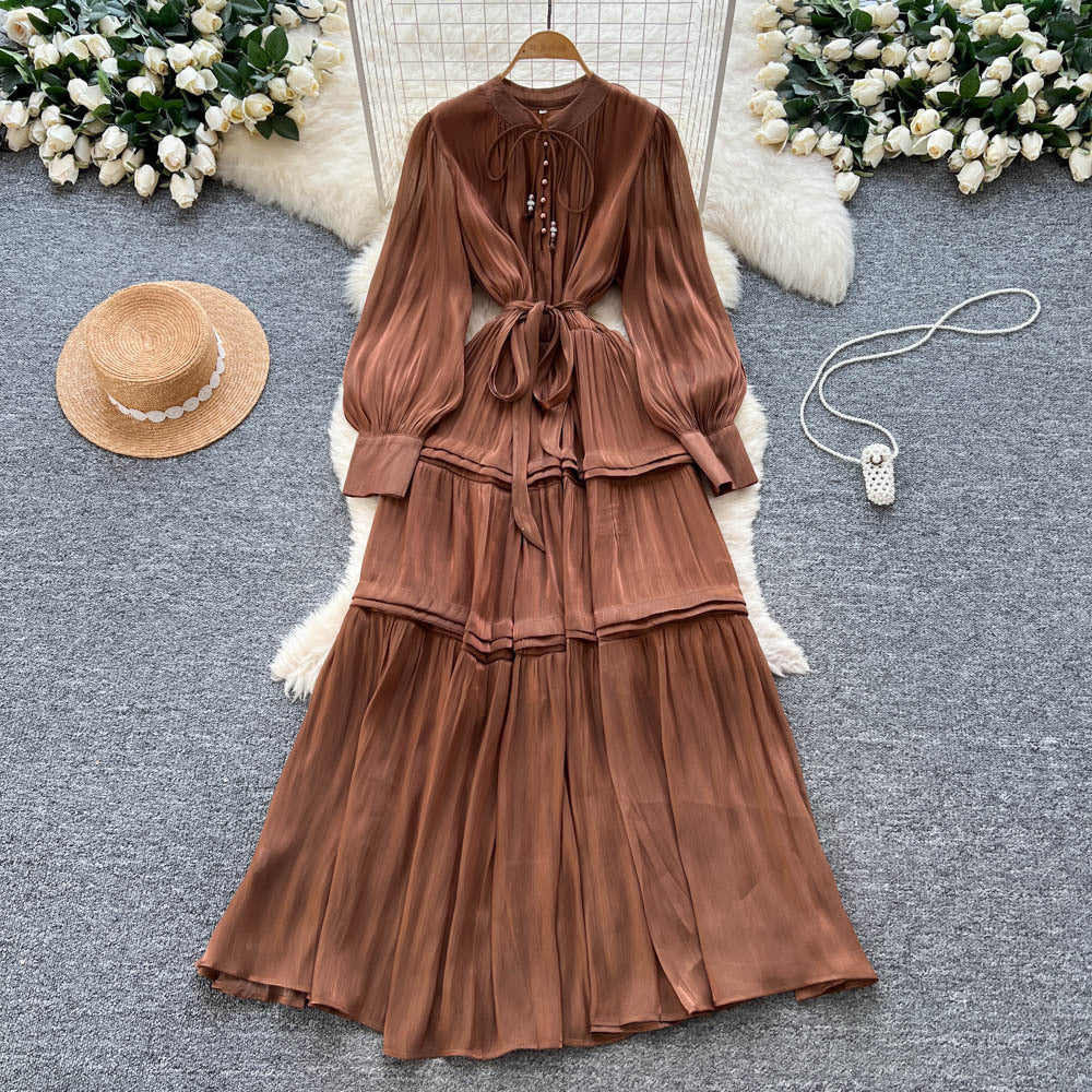French high-end women's dress - autumn  collection: tie-waist, lantern sleeve, elegant, flowy, and floor-length maxi dress