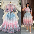 elegantdress women's high-end sense of strap waist half length sleeves cut out crochet laceprinting large swing long skirt