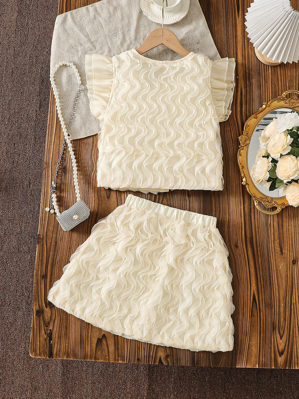 summer cross-border e-commerce 3d mesh wave patchwork top + skirt two-piece set girls' outfit