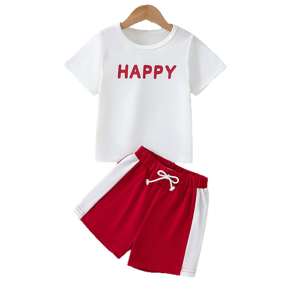 Kids' summer outfit: white letter print t-shirt & red active shorts set (sizes for mid-to-large children)