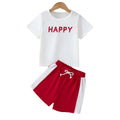 Kids' summer outfit: white letter print t-shirt & red active shorts set (sizes for mid-to-large children)
