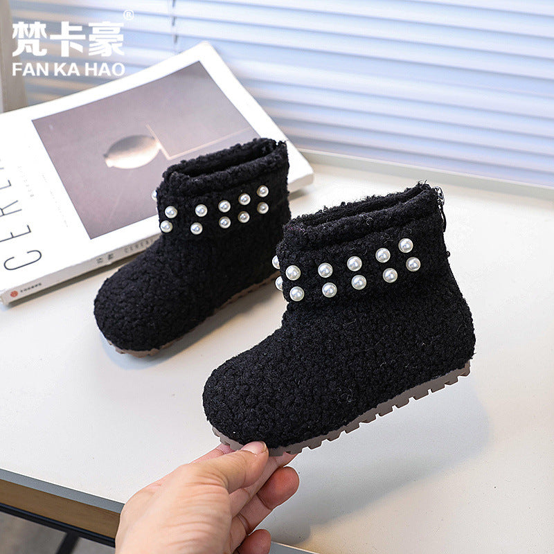 Vancahao girls' fashion pearl snow boots - new  winter collection - kids' double-layer cotton warm fuzzy ankle boots for babies