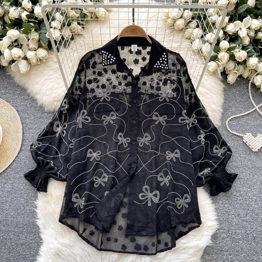 Light mature fashion heavy industry butterfly hot diamond thin long sleevesshirt women's looseslimming lookcasual single-breasted chiffon tops