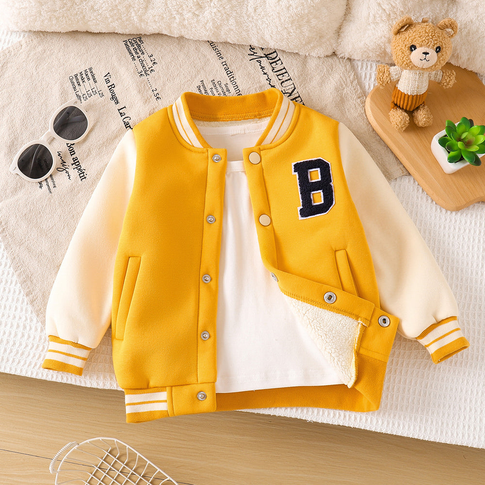autumn/winter kids' baseball jacket - yellow fleece-lined letter print warm outerwear for boys and girls - american style thick jacket top