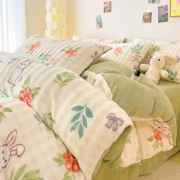 Winter thickened rabbit fleece four-piece set, milk fleece quilt cover, coral fleece bed sheet quilt cover, flannel bed three-piece set