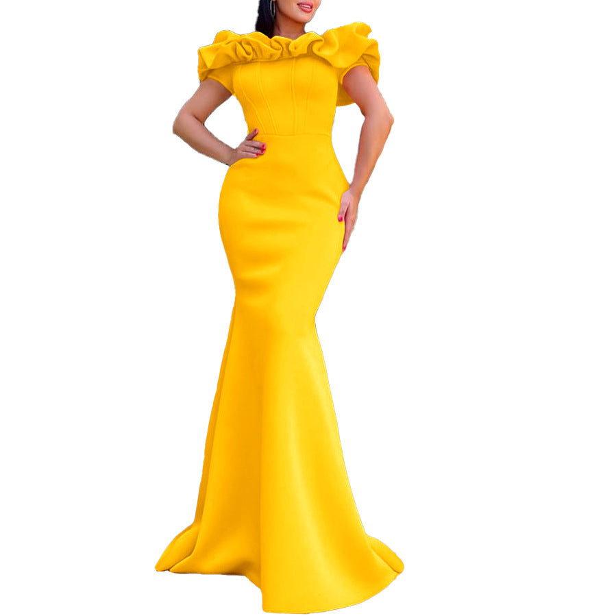 C8519 cross-border  fashion women's summer solid color off-the-shoulder mermaid maxi dress - export evening gown