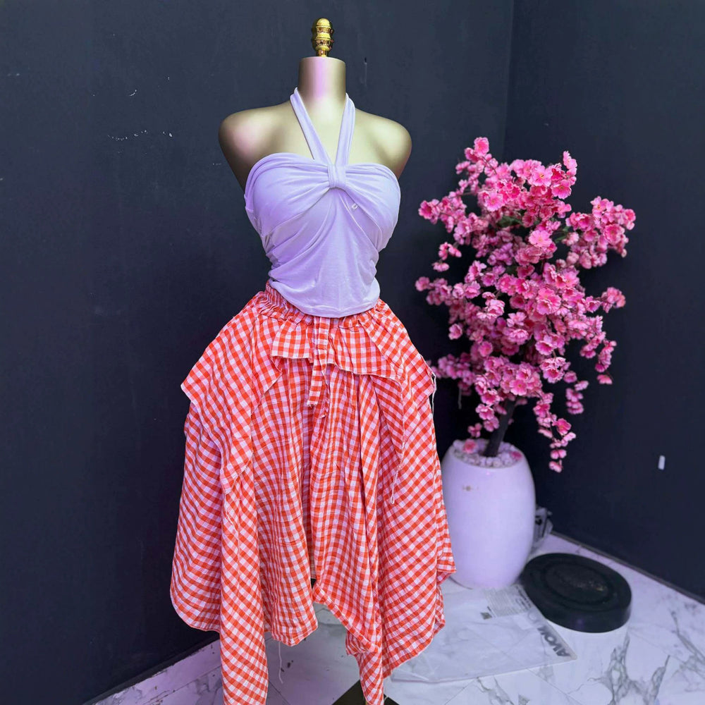 European and american cross-border women's fashion:  summer new arrivals - high-waisted, asymmetrical, mid-length plaid a-line skirt