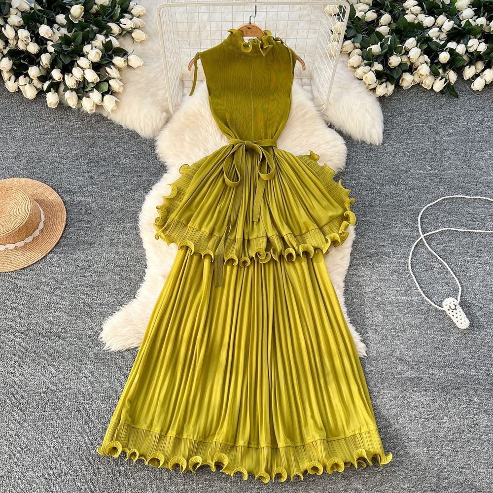 European and american light luxury sleeveless dress - women's summer ruffle hem, cinched waist, elegant, unique, exquisite maxi dress