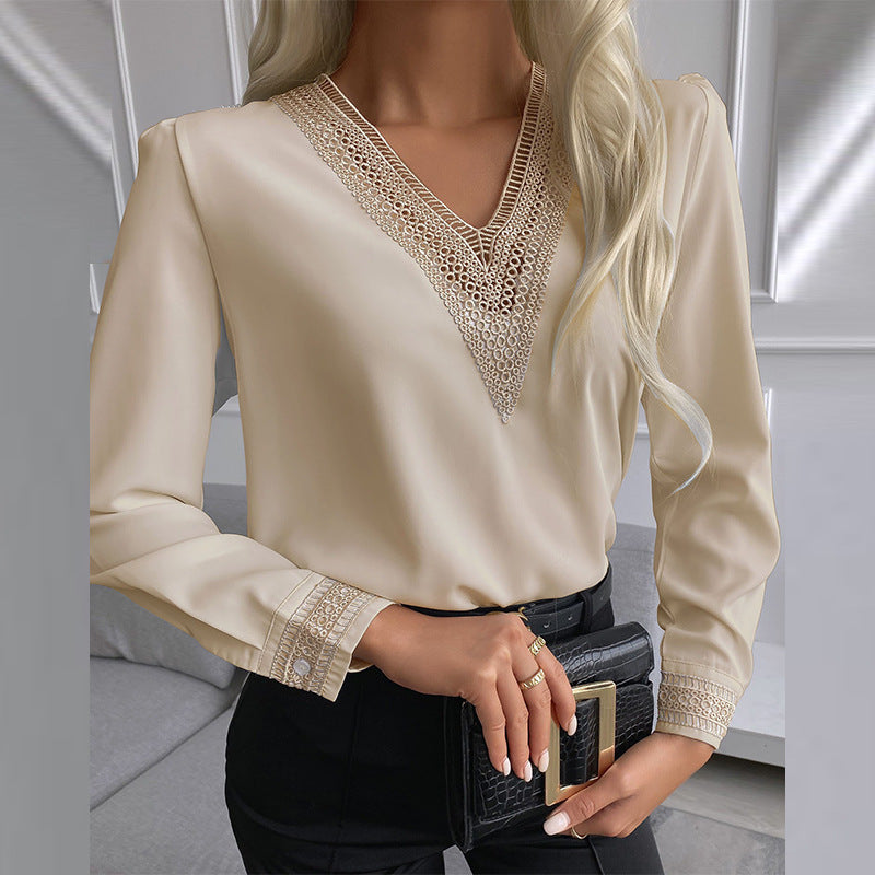 fashion women's clothing:  spring european and american style lace trimmed blouse, solid color patchwork v-neck long sleeve shirt