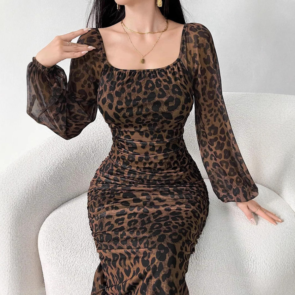 European and american tk cross-border new arrival: leopard print mesh fabric printed square neck long sleeve ruffle hem dress