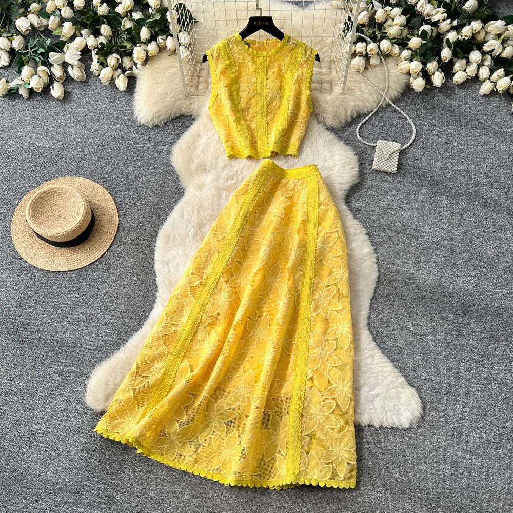 French lace cutout sleeveless two-piece set for women -  summer elegant high-end vest and midi skirt outfit