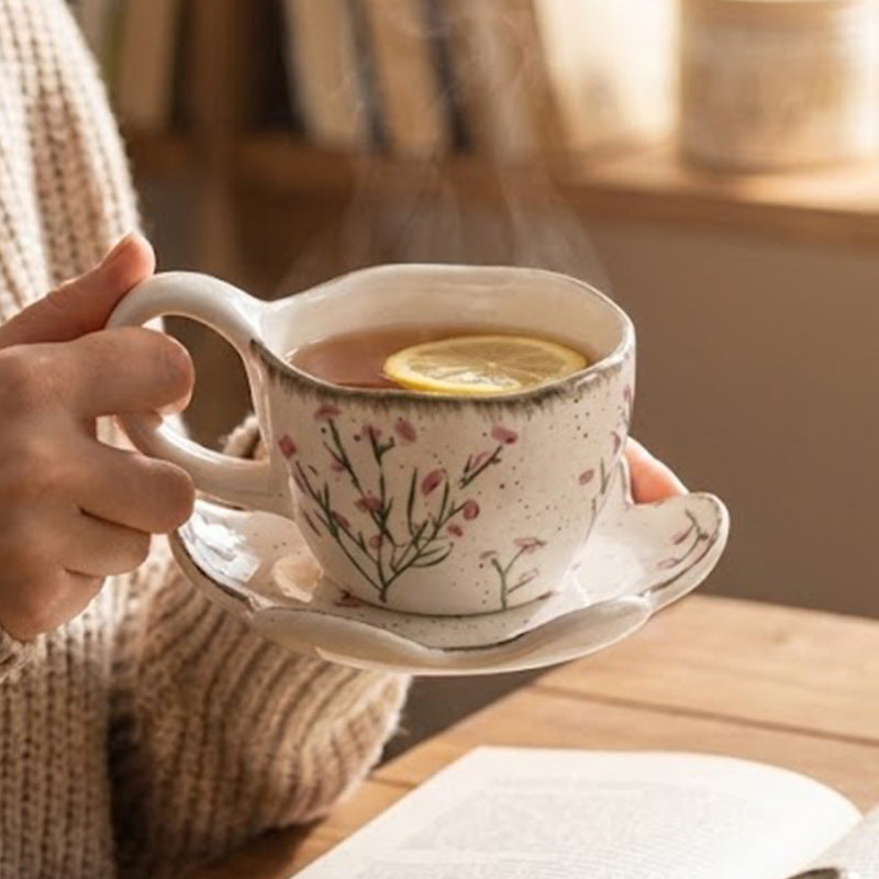 Hand-painted lavender coffee cup and saucer, ceramic tableware, fresh and delicate afternoon tea latte art cup, rustic countryside style mug
