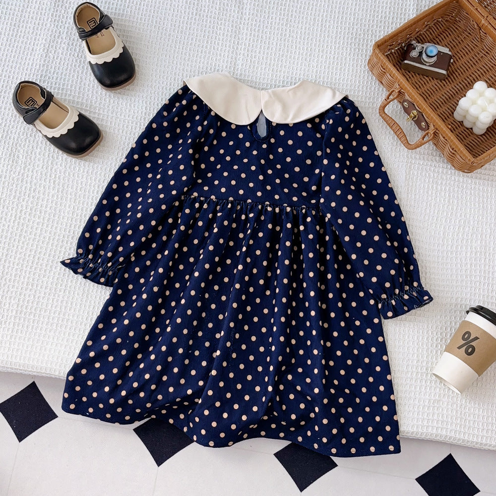 Trendy girls' dress - new autumn collection: long-sleeved, color-blocked polka dot princess dress for baby girls - chic autumn/winter style