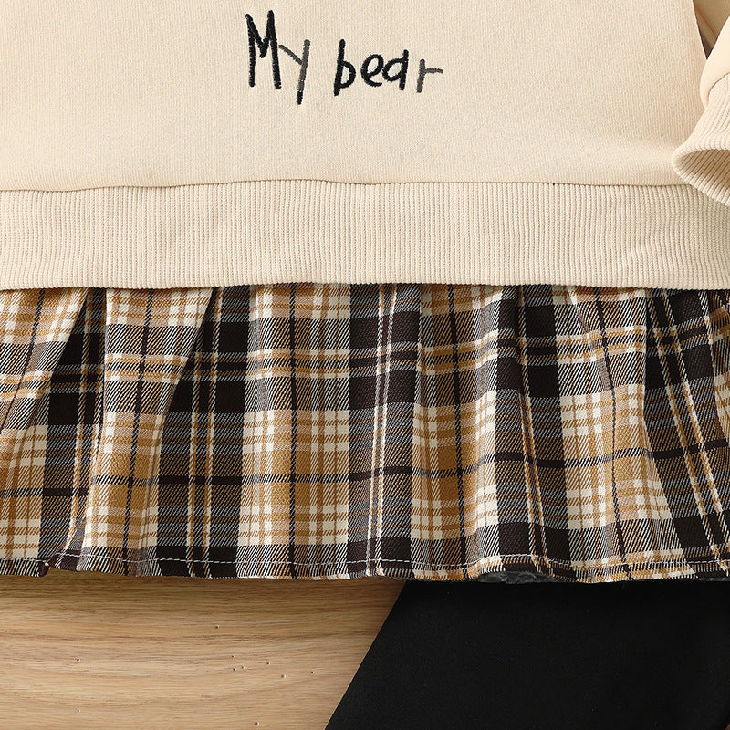 girl sweatshirt pants suit khaki bear fake two-piece skirt plaid pants skirt kidstwo-piece set