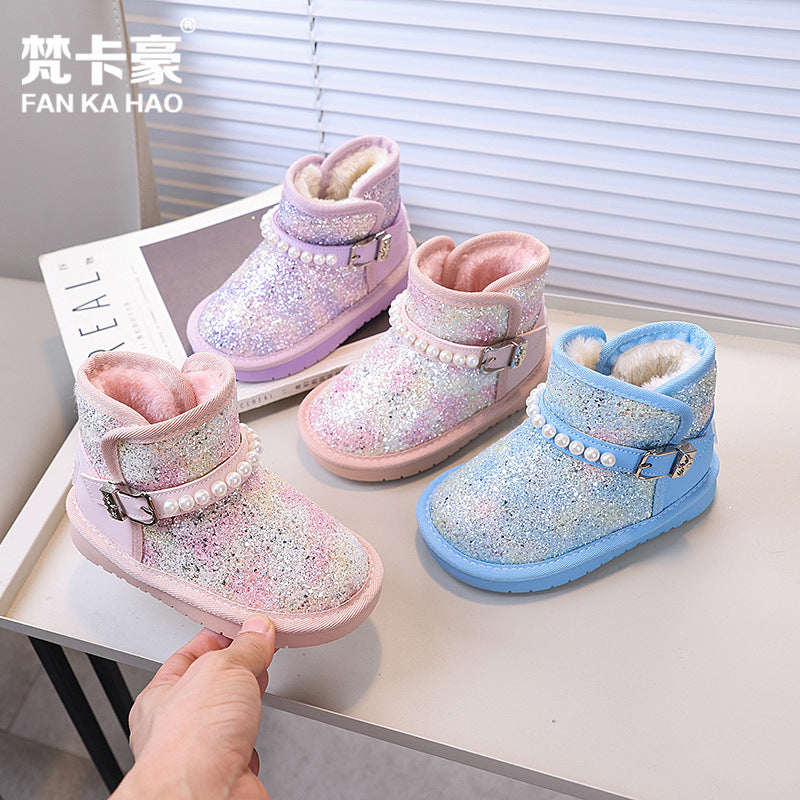 Vancahao girls' fashion sequin & beaded princess snow boots - new  winter collection, fleece-lined and extra thick kids' cotton shoes