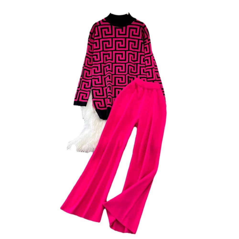 Fashionsuitk-stylelong sleeves stand collar loose jacquard knittingsweatertwo-piece sethigh waistslimming lookstraight-legloose pants