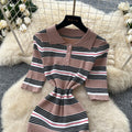 French polo collar striped knit dress - women's summer slim fit, minimalist, figure-flattering, cinched waist, sexy bodycon dress for work