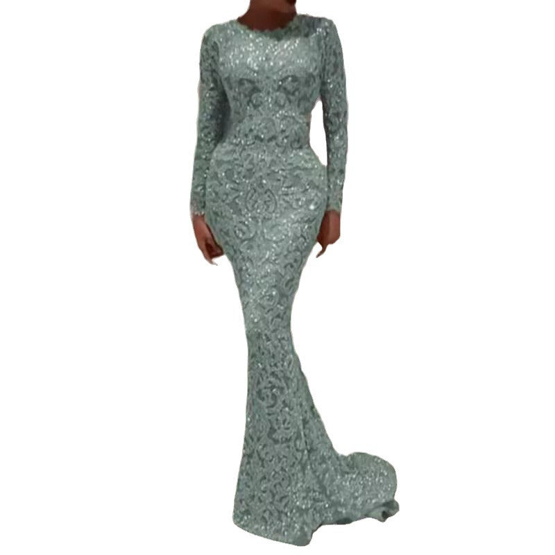 spring new european and american export women's clothing  hot stamping long sleeve elegant slim sexy maxi dress evening gown