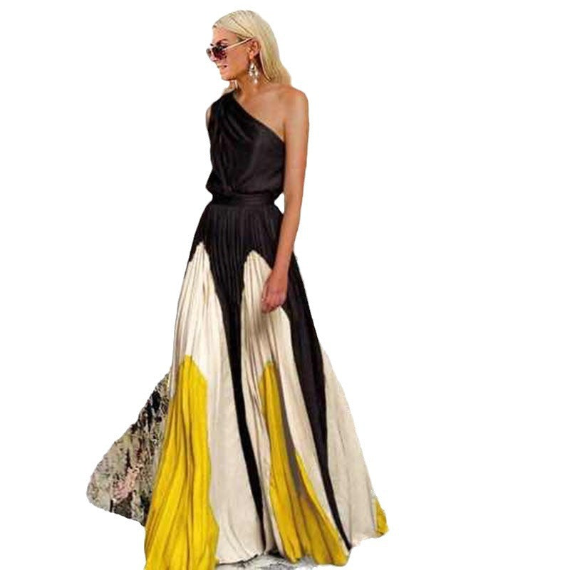 spring/summer new women's clothing  foreign trade style color block off-shoulder printed dress slim fit maxi dress