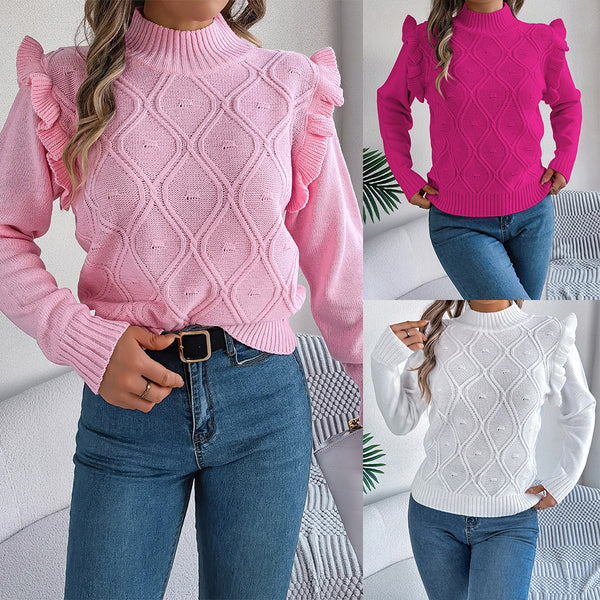 Real shot 2025 autumn and winter European and American solid color fungus edge long-sleeved stand-up collar pullover sweater, independent station  women's clothing
