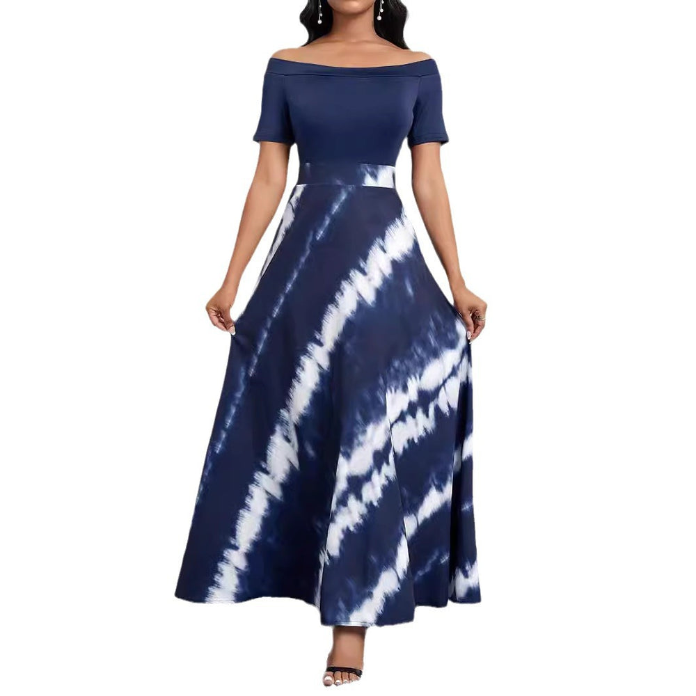 European and american cross-border chic women's clothing:  summer new one-shoulder blue and white twill print fashion dress