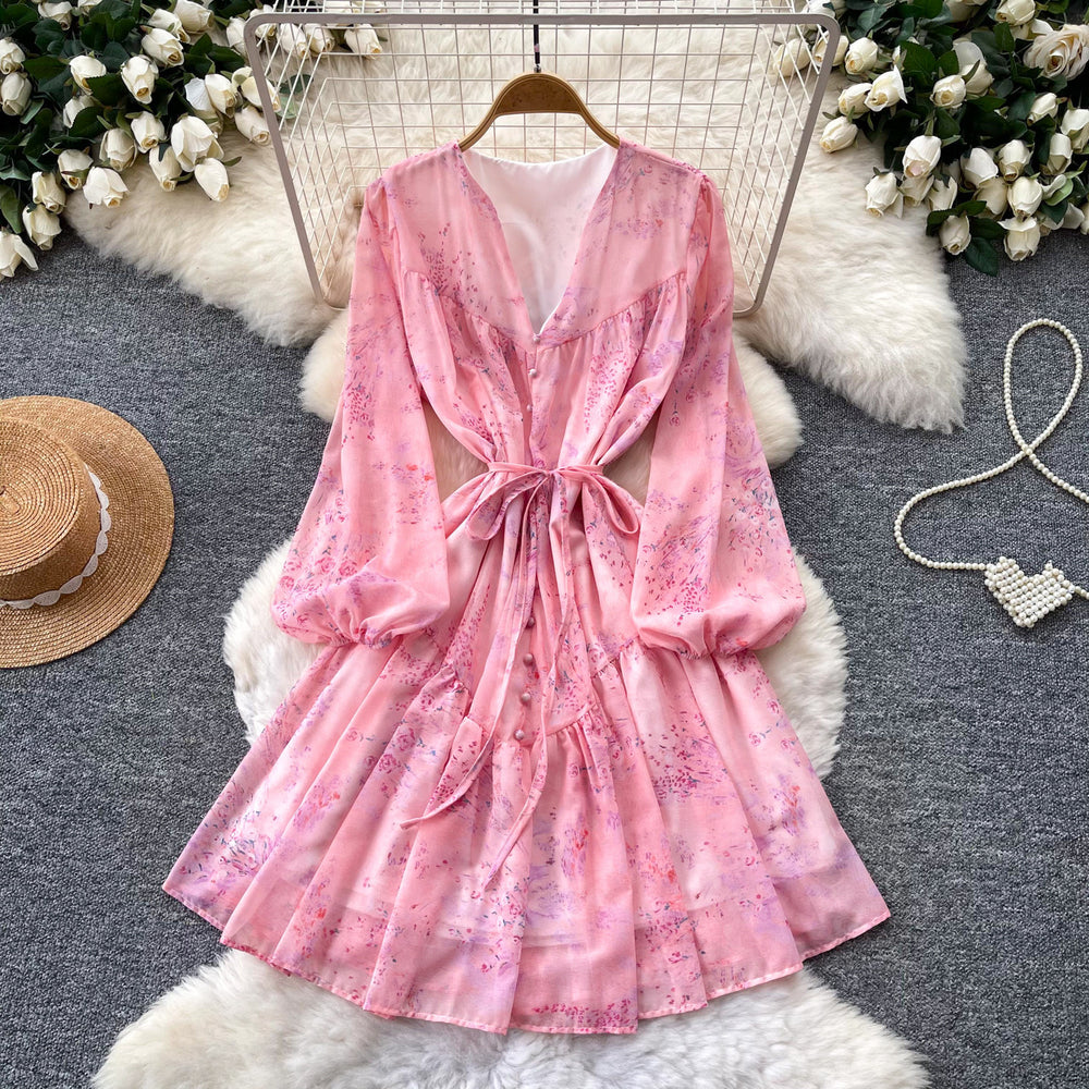 French riviera style pink floral v-neck dress - women's summer korean style long sleeve a-line dress with slimming waist design