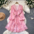 French riviera style pink floral v-neck dress - women's summer korean style long sleeve a-line dress with slimming waist design