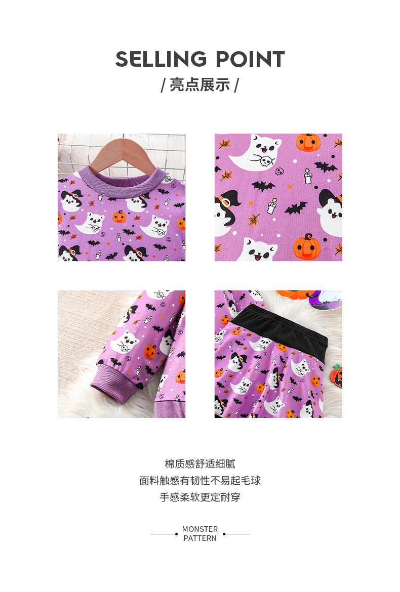 halloween girls' sweatshirt & pleated skirt pants set - purple pumpkin & little ghost design - kids' holiday two-piece outfit