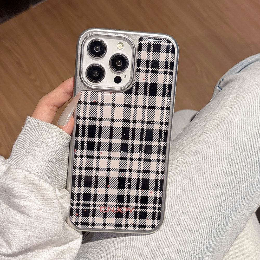Black and white checkered iphone 17 pro max electroplated shockproof phone case, apple 16 silver edge drip glue protective cover
