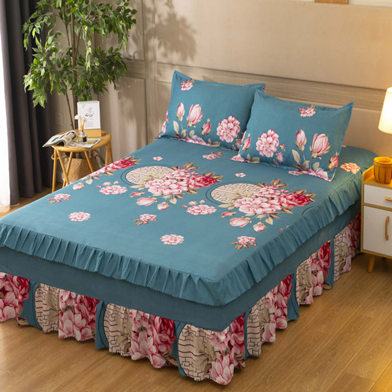 Bedspread bed skirt three-piece set korean style lace bed cover fitted sheet bed cover 3-piece set 1.68m bed 2.0 bed protector