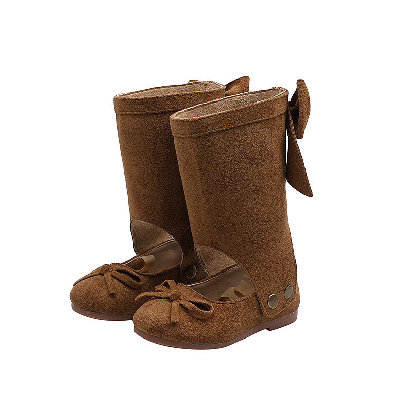 Vancahao ballet style leather boots  new korean style girls' bowknot princess shoes kids' fashion over-the-knee boots trendy