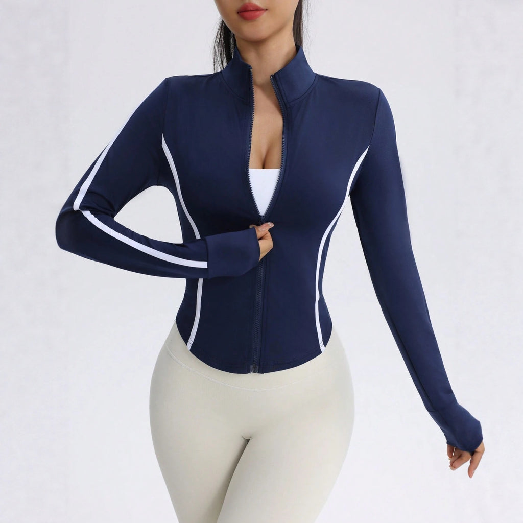 Pre-sale European beautiful women  contrasting color stand-up neck zipper sports jacket slim and thin long sleeve side stripe fitness yoga