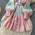 French romantic gradient print dress - women's summer long sleeve single-breasted cinched waist tie elegant maxi dress